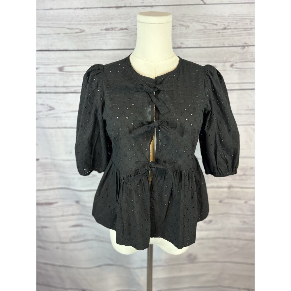 Steve Madden Paula Eyelet Tie Front Top Women XS Black Peplum Puff Sleeve NWT - Picture 1 of 8